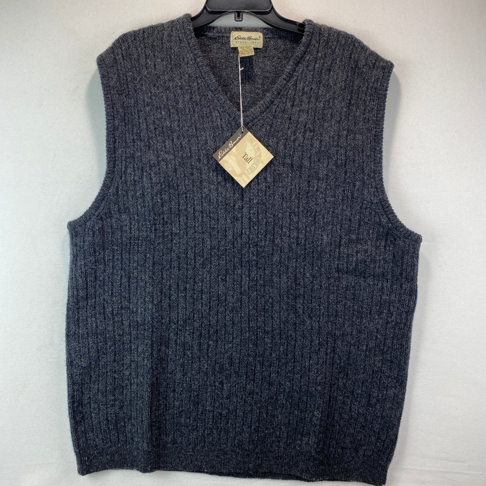 VTG Eddie Bauer 100% Wool Ribbed V-Neck Sweater Vest Mens XLT Tall Gray Knit